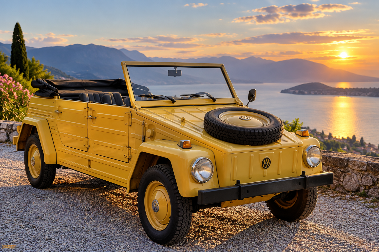Chatty’s yellow Volkswagen Kübelwagen overlooking a lake at sunset